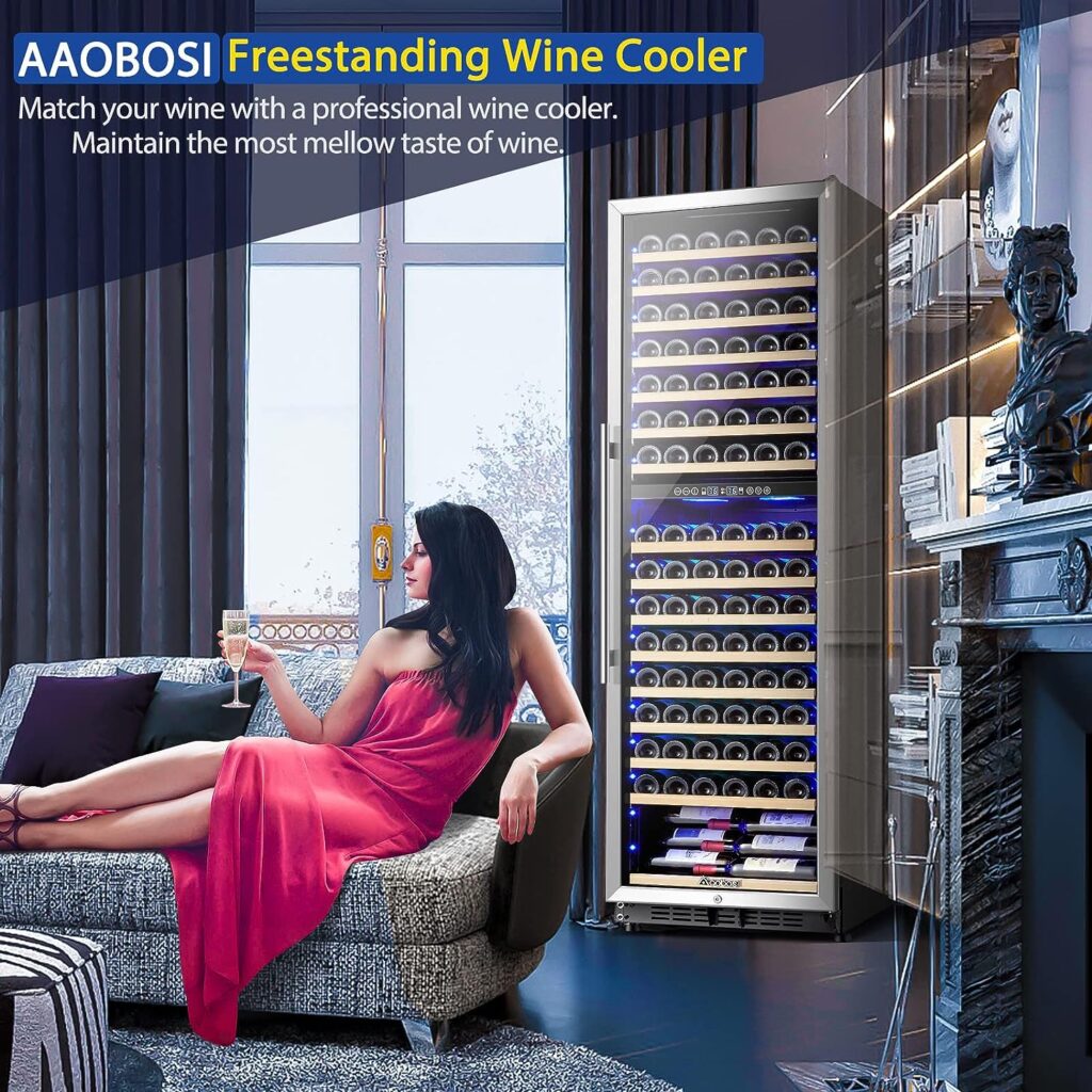 AAOBOSI Wine Cooler Dual Zone 24 Inch, 176 Bottles Wine Refrigerator, Freestanding Wine Fridge with Intelligent Temperature Memory  Humidity Control Compressor Cooling, Quiet Operation