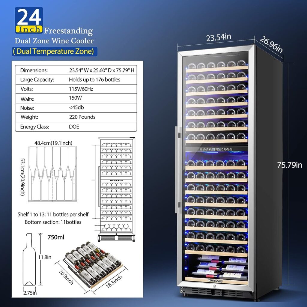 AAOBOSI Wine Cooler Dual Zone 24 Inch, 176 Bottles Wine Refrigerator, Freestanding Wine Fridge with Intelligent Temperature Memory  Humidity Control Compressor Cooling, Quiet Operation