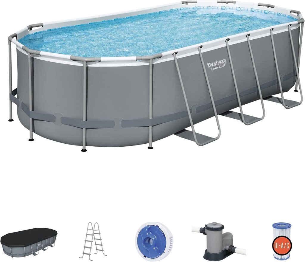 Bestway Power Steel 18 x 9 x 48 Oval Metal Frame Above Ground Outdoor Swimming Pool Set with 1500 GPH Filter Pump, Ladder, and Pool Cover