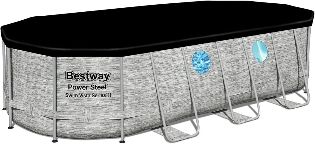 Bestway Power Steel Swim Vista Series II 18 x 9 x 48 Above Ground Outdoor Swimming Pool Set with 1500 GPH Filter Pump, Ladder, and Pool Cover