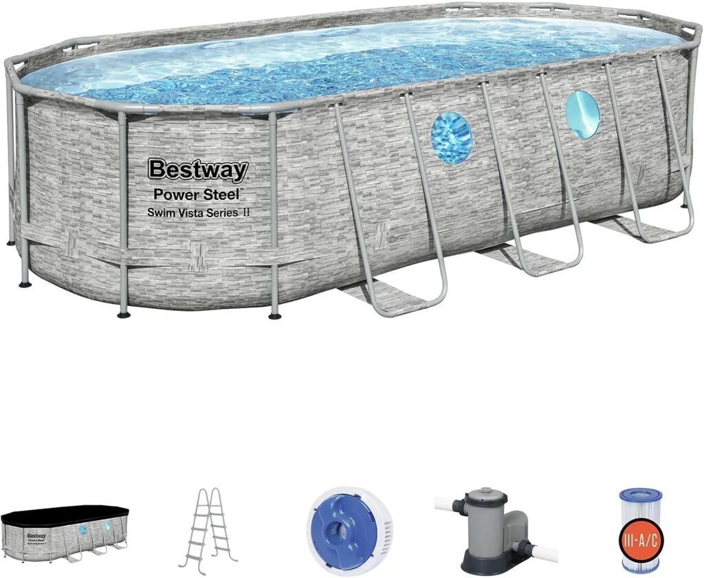 Bestway Power Steel Swim Vista Series II 18 x 9 x 48 Above Ground Outdoor Swimming Pool Set with 1500 GPH Filter Pump, Ladder, and Pool Cover