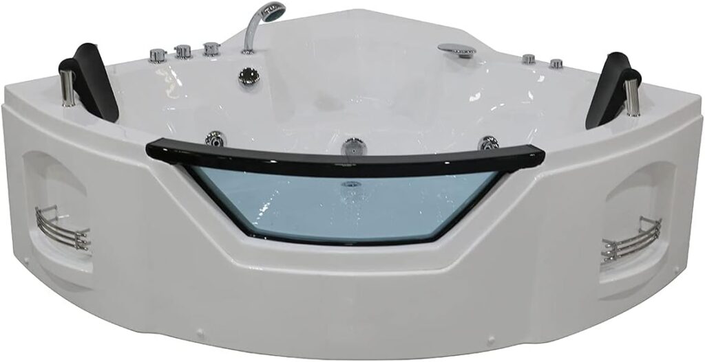 BHBL 61 x 61 In Freestanding Whirlpool Bathtub, Fan Shaped Back to Wall Whirlpool Tub, Therapy Massage Soaking Tub with Double Pillow (DK-Q312N)
