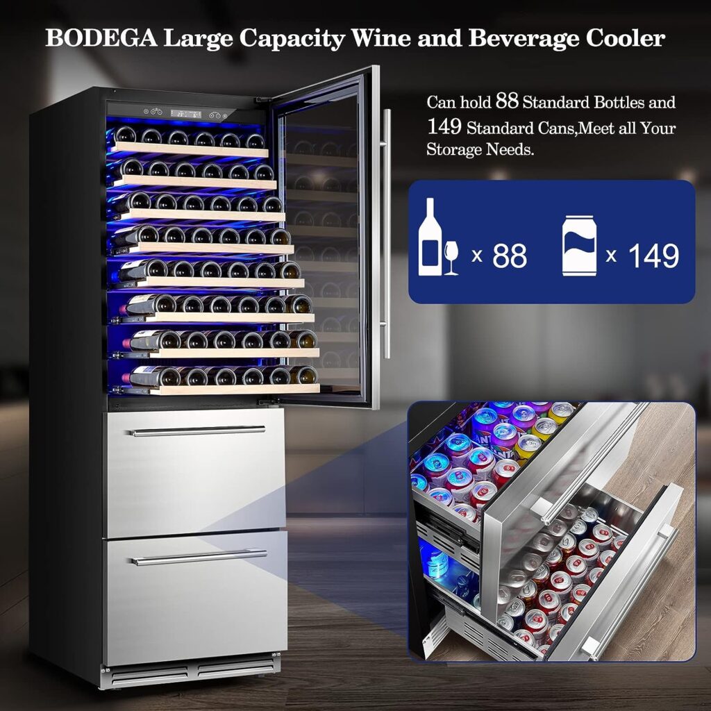 BODEGA Wine and Beverage Refrigerator, 24 Inch 2 IN 1 Dual Zone Wine Cooler,Built-in or Freestanding Beverage Cooler, Soft LED Light Hold 88 Bottles and 149 Cans,for Red Wines,Drinks