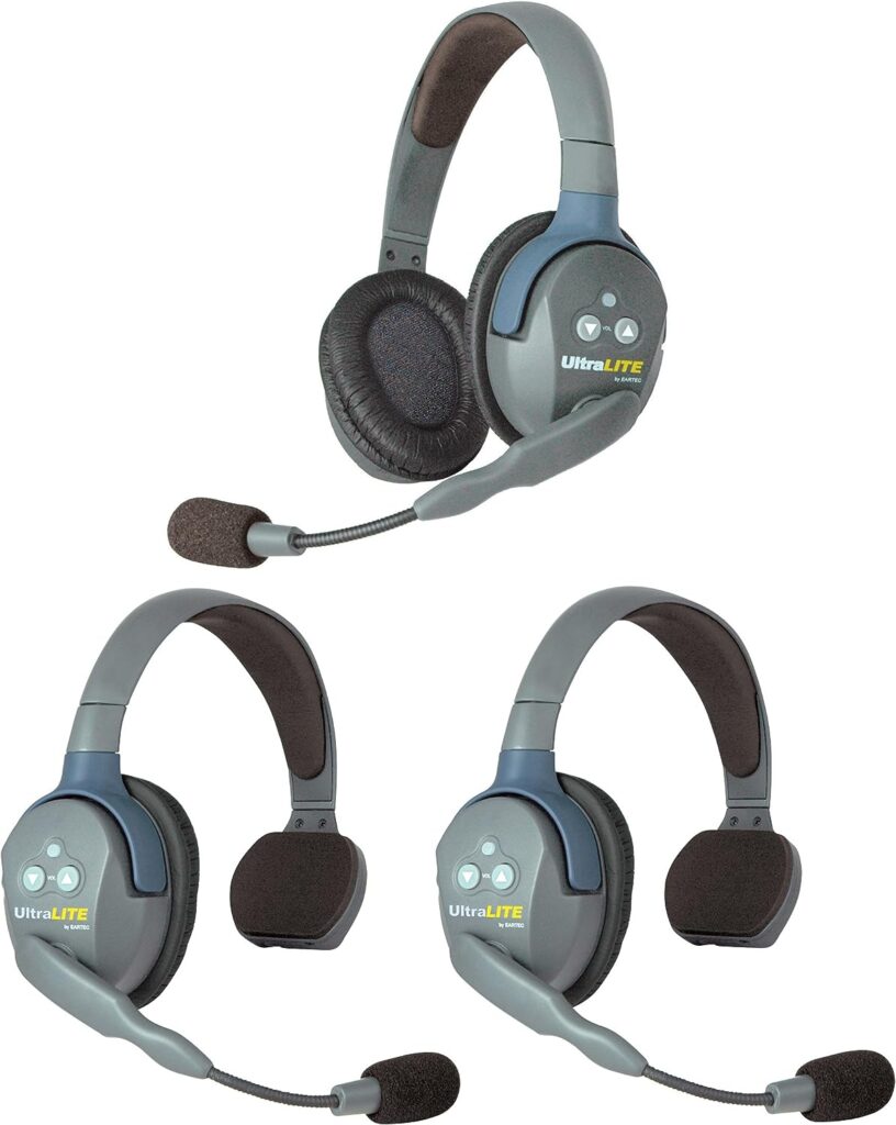 Eartec UL321 UltraLITE Full Duplex Wireless Headset Communication for 3 Users - 2 Single Ear and 1 Dual Ear Headsets