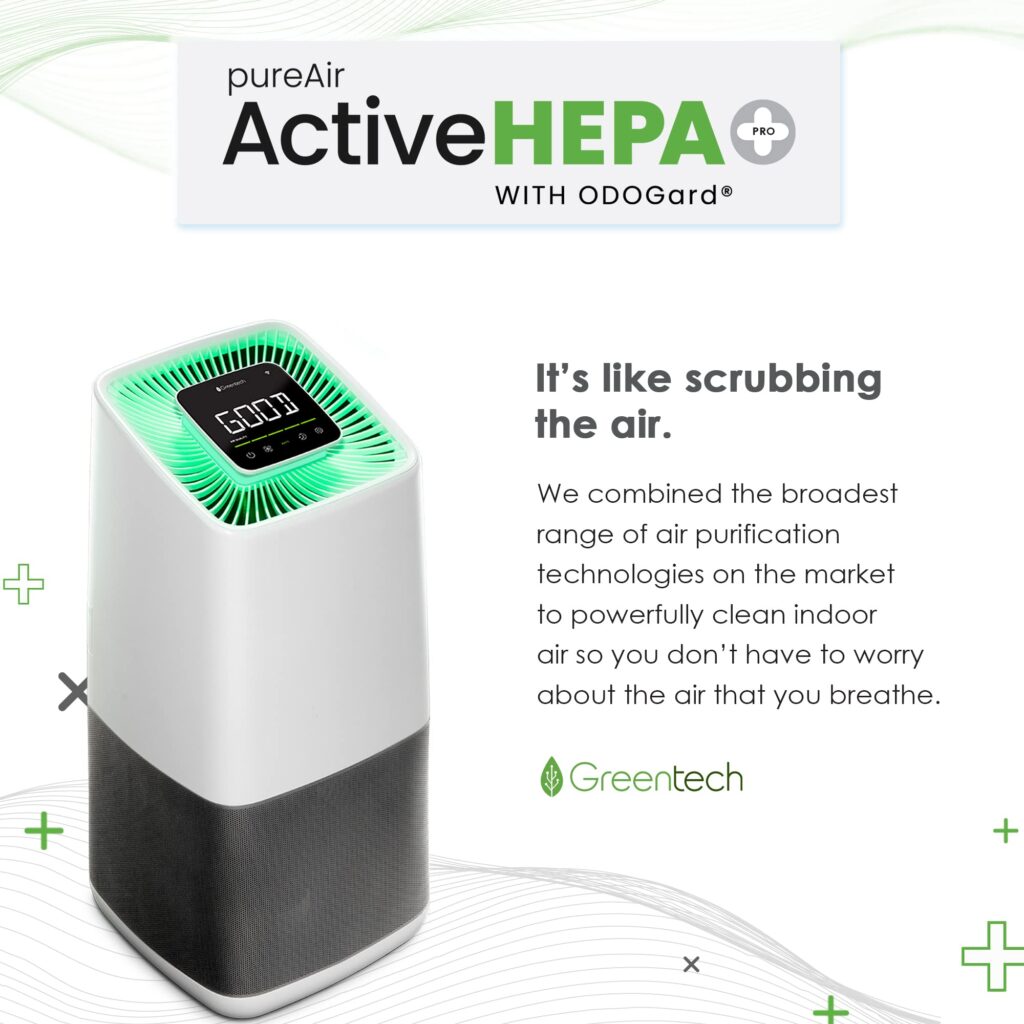 Greentech Environmental pureAir Active HEPA+ Pro with ODOGard® - Odor Eliminator and Air Purifiers for Home, Office, and Bedroom, Up to 1375 Square Feet, Neutralizes Tough Odors, Easy Set Up
