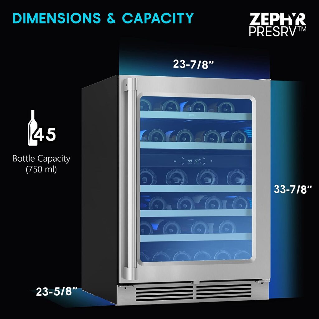 Zephyr Presrv 24 Wine Fridge Dual Zone Under Counter - Countertop Mini Wine Cooler Cellars Small Cabinet Wine Refrigerator Home Bar Chiller Freestanding Wine Cooler Black, 45 Bottles 750ml