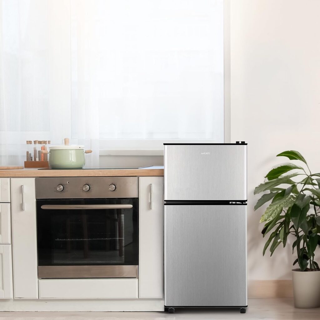 Anukis Compact Refrigerator 3.5 Cu Ft 2 Door Mini Fridge with Freezer For Apartment, Dorm, Office, Family, Basement, Garage, Silver