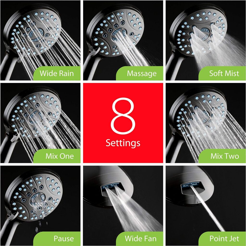 AquaCare High Pressure 8-mode Handheld Shower Head - Anti-clog Nozzles, Built-in Power Wash to Clean Tub, Tile  Pets, Extra Long 6 ft. Stainless Steel Hose, Wall  Overhead Brackets