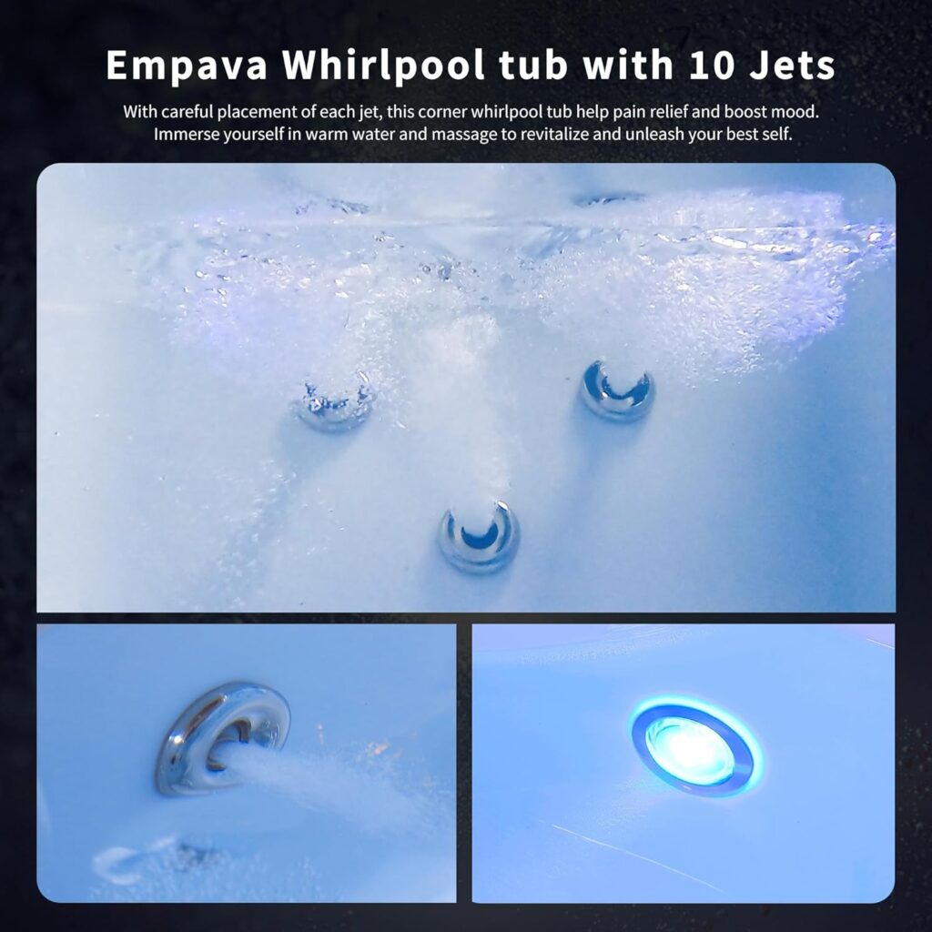 Corner Whirlpool Tub,Empava 2 Person Whirlpool Bathtub,Corner Jetted Bathtub with Heater,Corner Jetted Tub with Light,Spa Bath tub with 10 Jets,Hydro Massage Tub with Chromatherapy,LED Control Panel