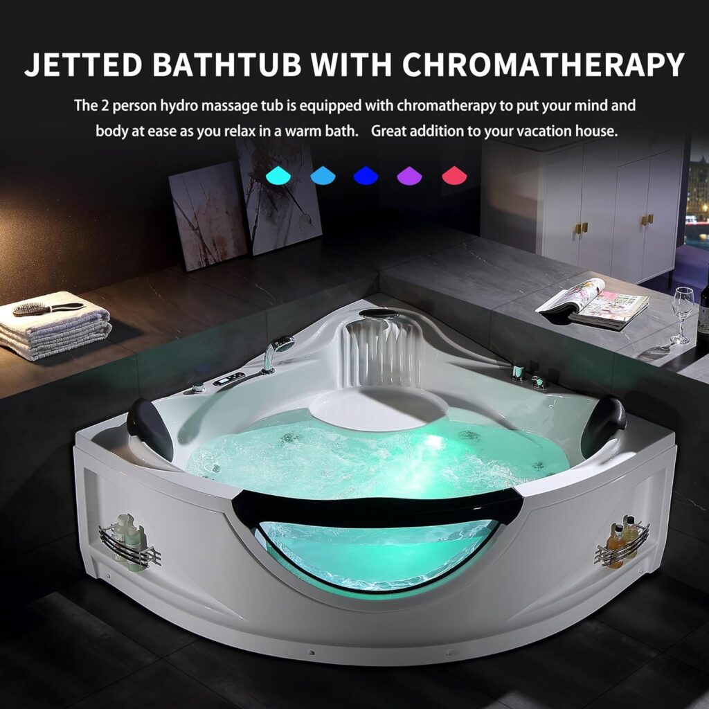 Corner Whirlpool Tub,Empava 2 Person Whirlpool Bathtub,Corner Jetted Bathtub with Heater,Corner Jetted Tub with Light,Spa Bath tub with 10 Jets,Hydro Massage Tub with Chromatherapy,LED Control Panel