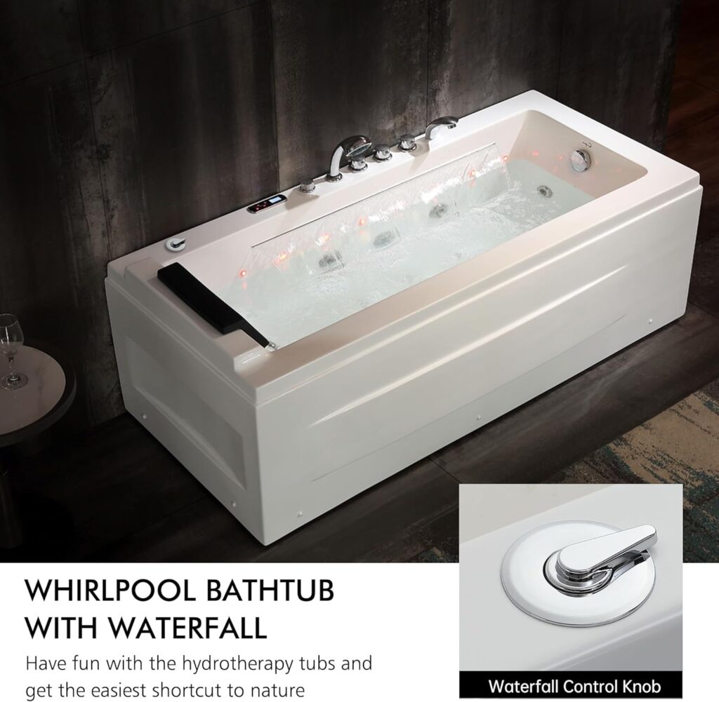 Empava 67” Whirlpool Bathtub,Jetted Tub with Heater,Hydro Massage Bathtub with 17 Jets,SPA Bathtub with Waterfall,Whirlpool Tub with Light,LED Control Panel,EMPV-67JT351LED