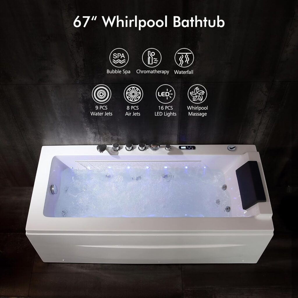 Empava 67” Whirlpool Bathtub,Jetted Tub with Heater,Hydro Massage Bathtub with 17 Jets,SPA Bathtub with Waterfall,Whirlpool Tub with Light,LED Control Panel,EMPV-67JT351LED