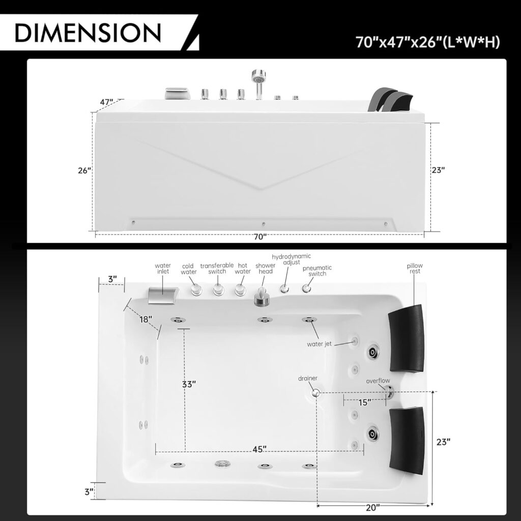 Empava 71 in. Acrylic Alcove Whirlpool Bathtub - Hydromassage Rectangular Jetted Soaking Tub with Right Side Drain - 3-Side Apron - Waterfall Faucet , White
