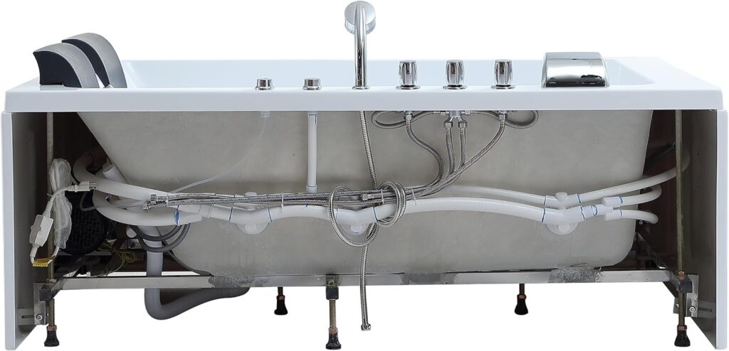 Empava 71 in. Acrylic Alcove Whirlpool Bathtub - Hydromassage Rectangular Jetted Soaking Tub with Right Side Drain - 3-Side Apron - Waterfall Faucet , White