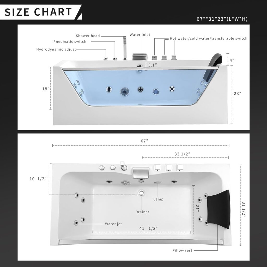 Empava Acrylic Whirlpool Bathtub Hydro-massage Soaking SPA Chromatherapy Jets Tub 67JT408