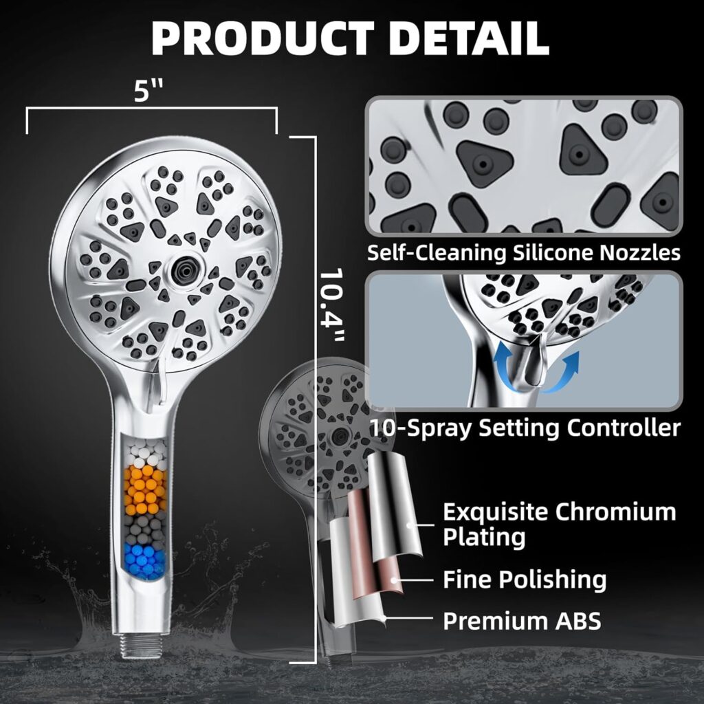 Gyierwe 5Hand Shower Head, High-Pressure 10 Spray Settings, 59Stainless Steel Shower Hose and 360° Adjustable Bracket, Quadruple Filtration Design to Improve Water Quality and Make Bathing Healthier