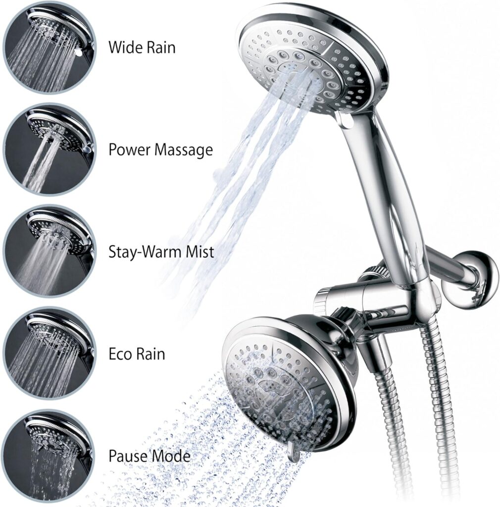 Hydroluxe 1433 Handheld Showerhead  Rain Shower Combo. High Pressure 24 Function 4 Face Dual 2 in 1 Shower Head System with Stainless Steel Hose, Patented 3-way Water Diverter in All-Chrome Finish