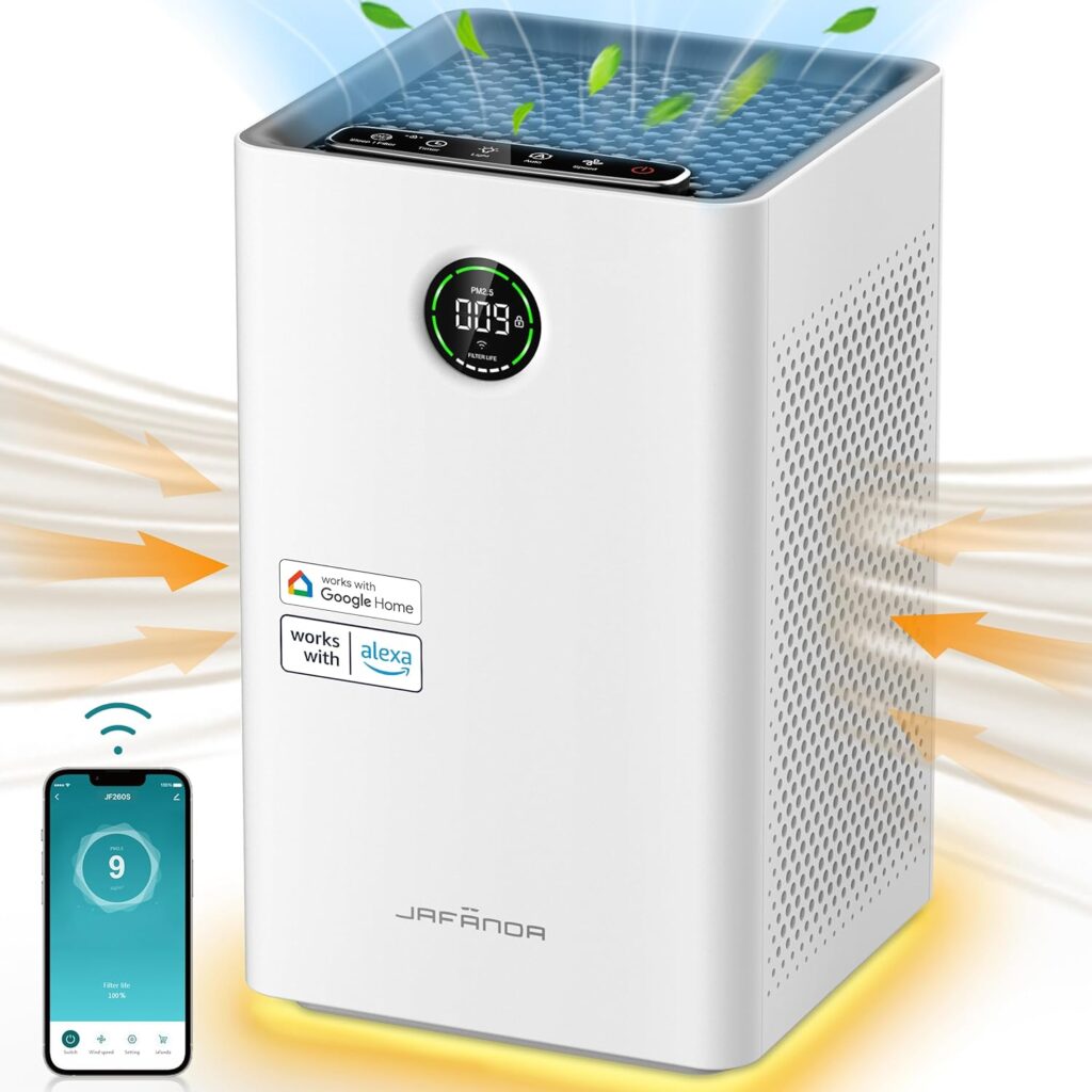 Jafända Air Purifiers for Home Large Room Up To 1190ft² H13 True HEPA Filter, Activated Carbon Remove 99.97% Dust Smoke Odor Pollen Pets Hair Dander Allergies, Quiet Sleep Mode 23dB, Night Light