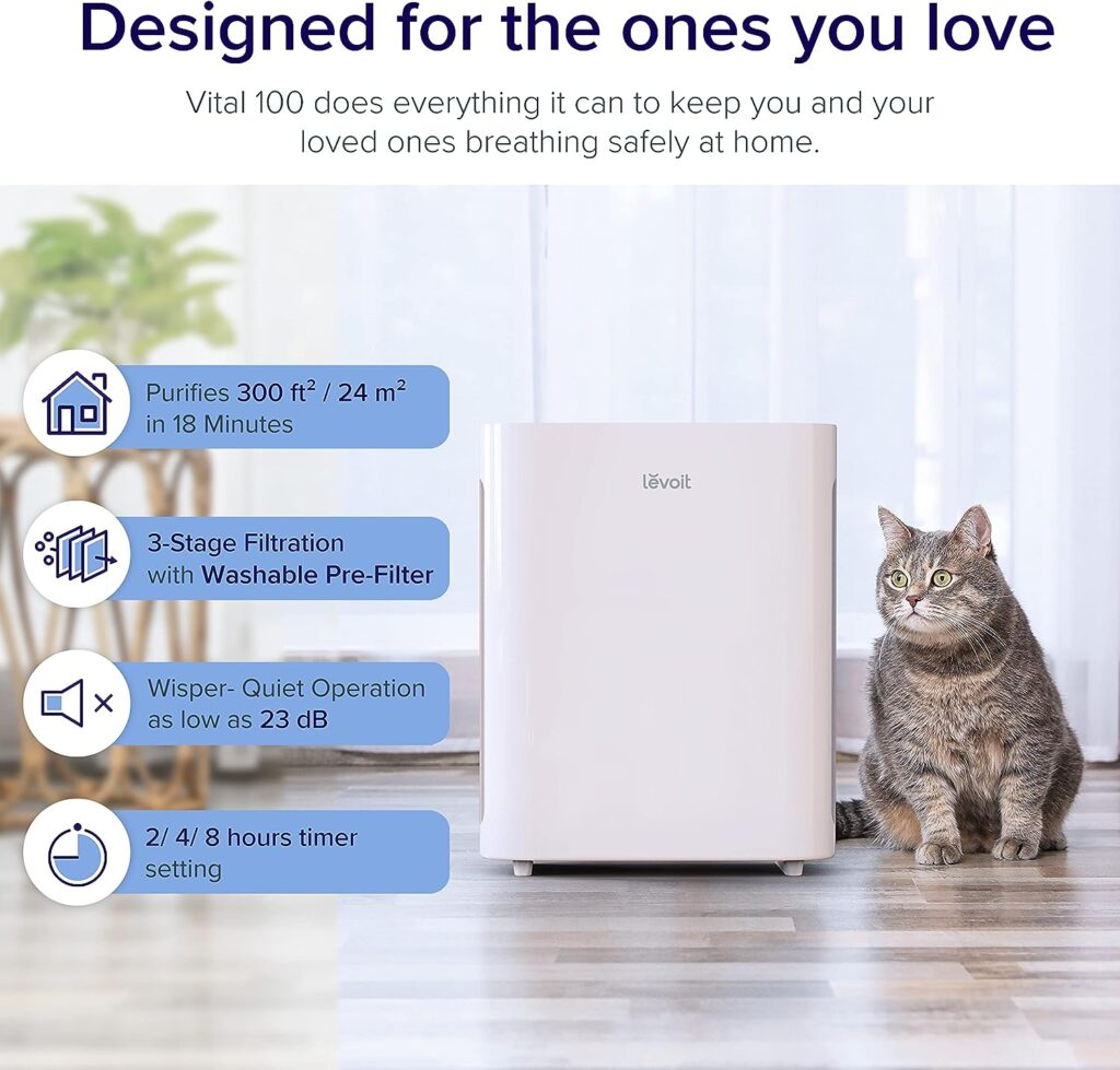 LEVOIT Air Purifiers for Home Large Room, HEPA Filter Cleaner with Washable Filter for Allergies, Smoke, Dust, Pollen, Quiet Odor Eliminators for Bedroom, Pet Hair Remover, Vital 100, White