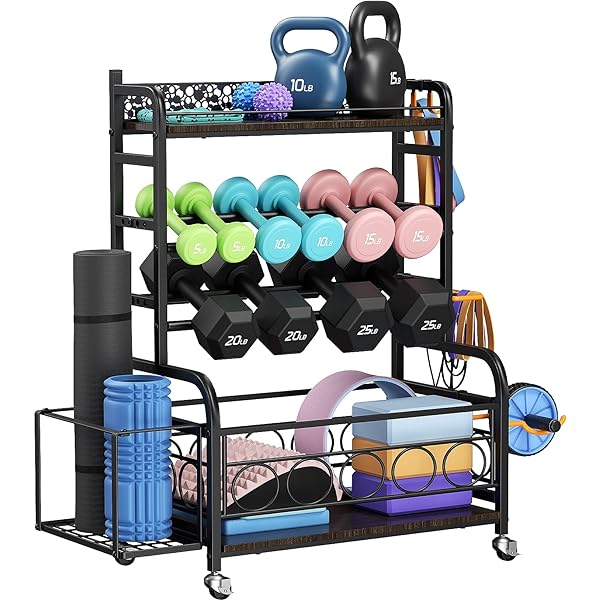 PLKOW Dumbbell Rack, Weight Rack for Dumbbells, Home Gym Storage for Dumbbells Kettlebells Yoga Mat and Balls, All in One Workout Storage with Wheels and Hooks, Powder Coated Finish Steel