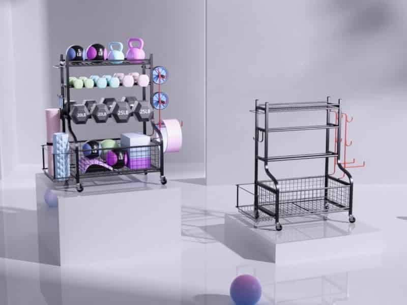 PLKOW Dumbbell Rack, Weight Rack for Dumbbells, Home Gym Storage for Dumbbells Kettlebells Yoga Mat and Balls, All in One Workout Storage with Wheels and Hooks, Powder Coated Finish Steel