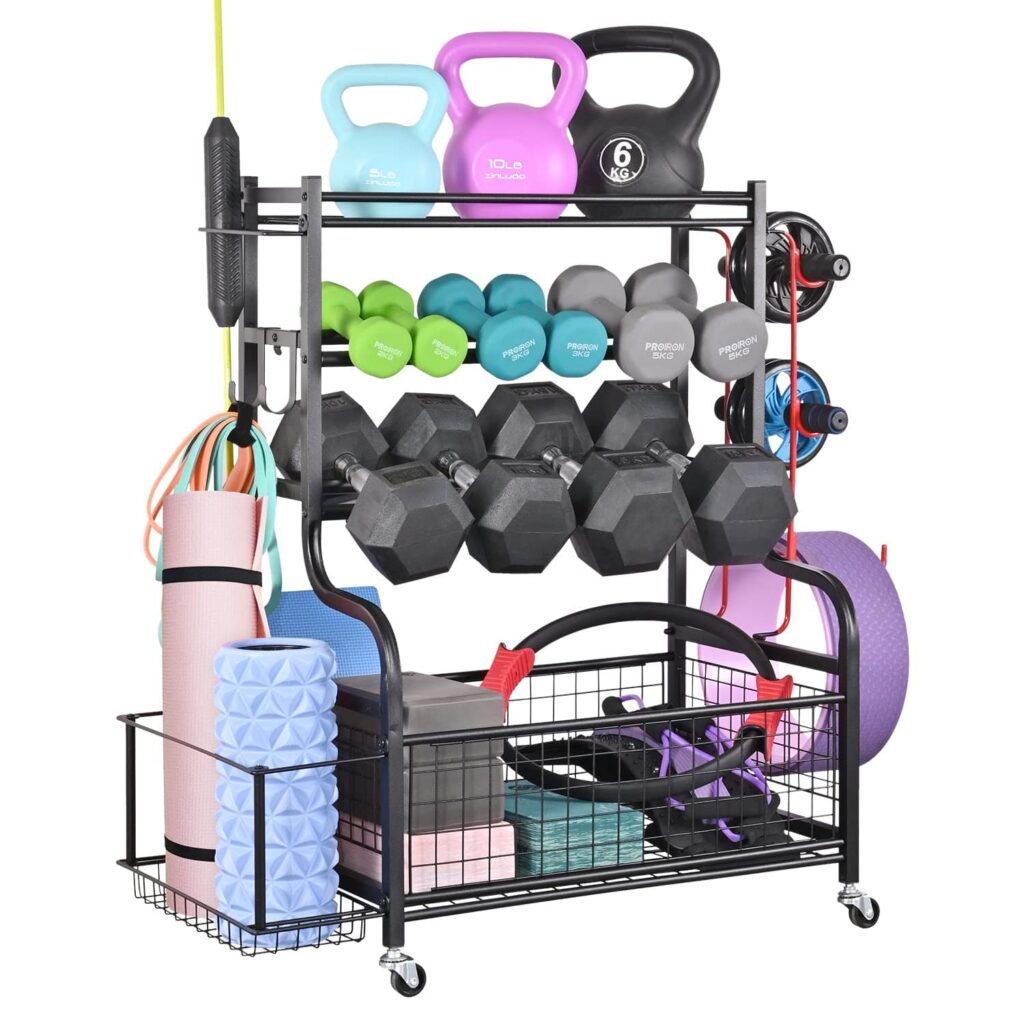PLKOW Dumbbell Rack, Weight Rack for Dumbbells, Home Gym Storage for Dumbbells Kettlebells Yoga Mat and Balls, All in One Workout Storage with Wheels and Hooks, Powder Coated Finish Steel