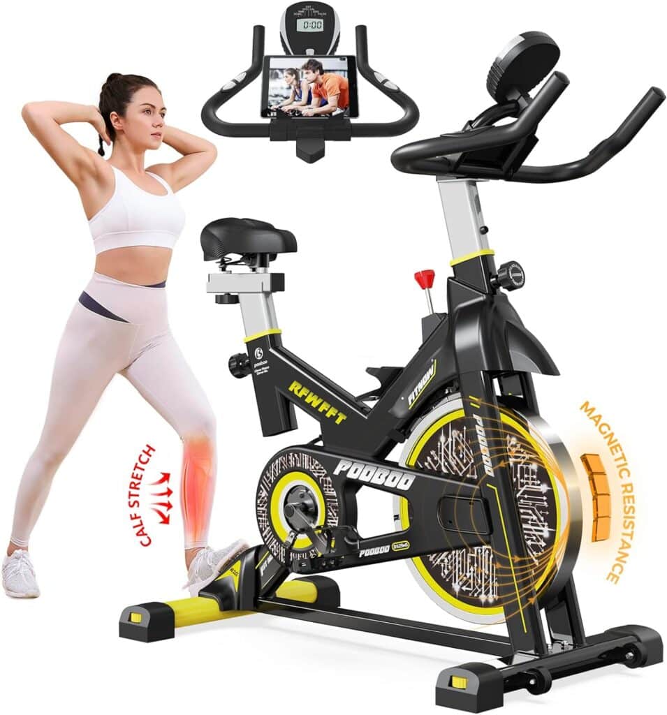 pooboo Exercise Bike, Adjustable Magnetic Resistance Silent Belt Drive, Indoor Cycling Bike for Home Cardio Gym, Fitness Stationary Bike Machine with 350lbs/300lbs Weight Capacity, Monitor with Pulse  Ipad Mount Upgraded Version Seat