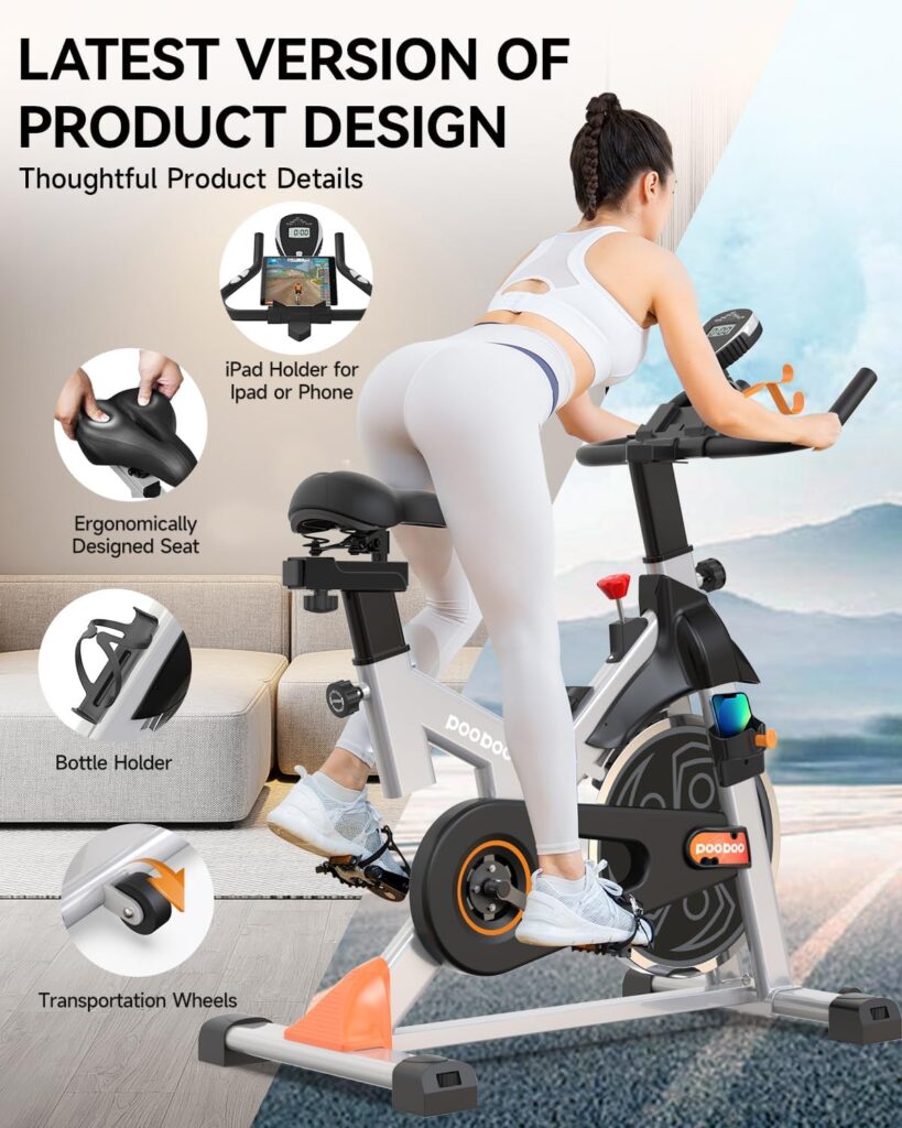 pooboo Exercise Bike, Adjustable Magnetic Resistance Silent Belt Drive, Indoor Cycling Bike for Home Cardio Gym, Fitness Stationary Bike Machine with 350lbs/300lbs Weight Capacity, Monitor with Pulse  Ipad Mount Upgraded Version Seat