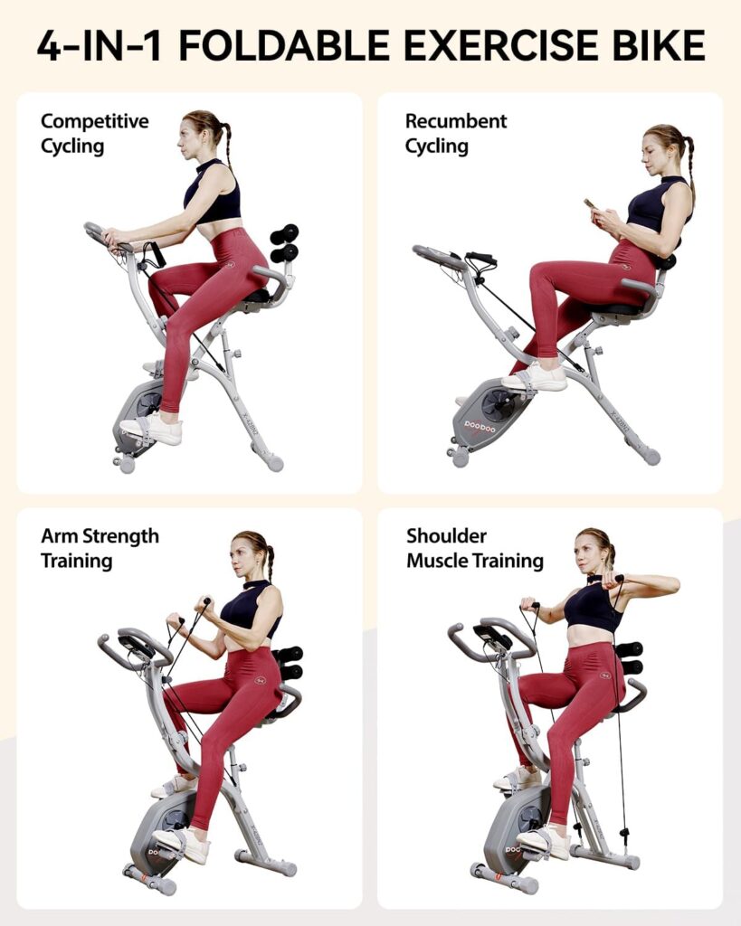 pooboo Folding Exercise Bike, Foldable Fitness Stationary Bike Machine, Upright Indoor Cycling Bike, Magnetic X-Bike with 8-Level Adjustable Resistance, Bottle Holder  Back Support Cushion for Home Gym Workout