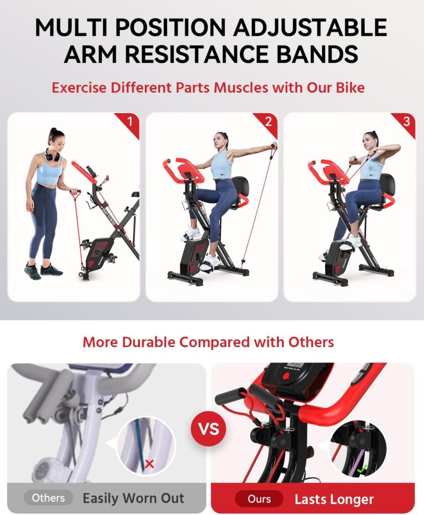 pooboo Folding Exercise Bike, Foldable Fitness Stationary Bike Machine, Upright Indoor Cycling Bike, Magnetic X-Bike with 8-Level Adjustable Resistance, Bottle Holder  Back Support Cushion for Home Gym Workout