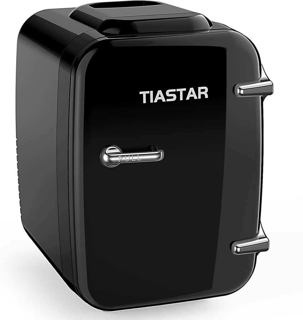 Tiastar Mini Fridge, 4 Liter/6 Can Skincare Fridge for Bedroom Office Dorm, 110V AC/ 12V DC Thermoelectric Cooler and Warmer Small Fridge, Black